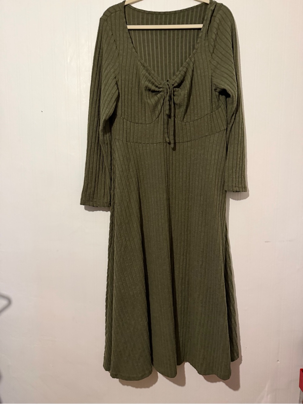 Olive Green Ribbed Tie-Front Women's Dress 2XL